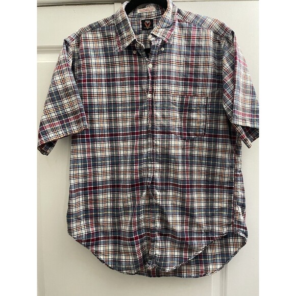 Big 7th Tapered Short Sleeve Mens Shirt Size Large Hand Woven Plaid Blue Red - Picture 1 of 7